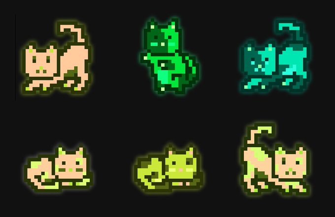A set of six pixel-art cats in various poses and neon green color variations, arranged in two rows.