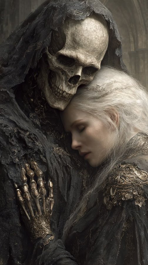 A dark fantasy digital artwork depicts a skeletal figure in a tattered black hooded cloak holding a pale, sleeping white-haired woman dressed in intricate gold-embellished attire.