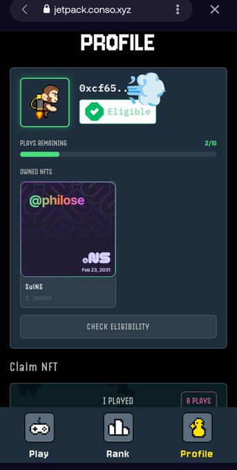 A mobile screenshot of a Jetpack.conso.xyz profile page showing an 'Eligible' status, 2/10 plays remaining, and an owned NFT (@philose) dated Feb 23, 2031.