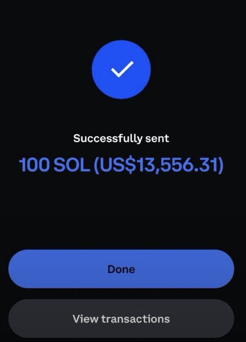 A mobile screen displays a "Successfully sent" confirmation message for a transaction of 100 SOL (US$13,556.31), with "Done" and "View transactions" buttons below. The image appears to be used as fake proof in a Solana giveaway scam, claiming to show a completed 100 SOL distribution to lure victims into dropping their wallet addresses.