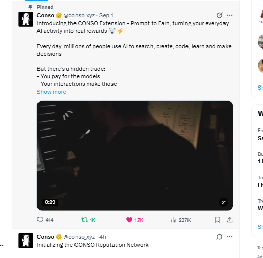 A pinned tweet from Conso (@conso_xyz) announces the CONSO Extension - Prompt to Earn, introducing a program that turns everyday AI activity into real rewards, with 1.7K likes and 237K views.