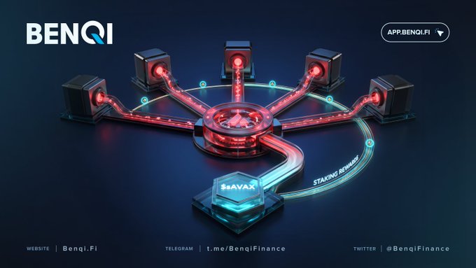 A digital graphic for BENQI featuring a glowing central hub connected by lines to smaller nodes, with logos for AVAX and text for 'STAKING REWARDS,' 'WEBSITE Benqi.Fi,' 'TELEGRAM t.me/BenqiFinance,' and 'TWITTER @BenqiFinance.'