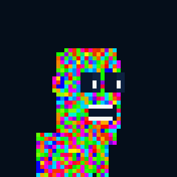 A pixelated figure with a colorful, glitchy multicolored face and body wearing dark sunglasses on a dark gray background.