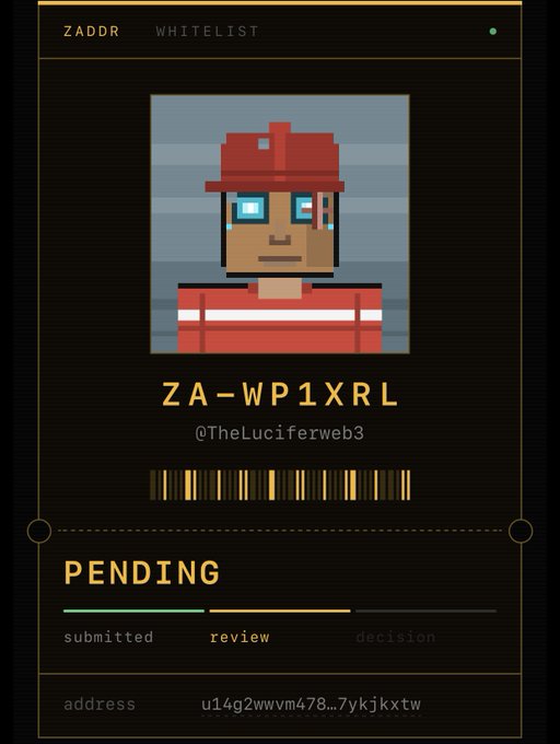 A digital ZADDR whitelist card featuring a pixel-art character with a red hat and glowing blue eyes, displaying the code 'ZA-WP1XRL', username '@TheLuciferweb3', and a 'PENDING' status with progress bar showing 'submitted' and 'review' stages.