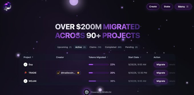 A cryptocurrency website interface titled "OVER $200M MIGRATED ACROSS 90+ PROJECTS" showing active token migrations including "Guy", "TRADIE", and "WOJAK" with progress percentages and migrate buttons.