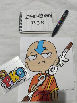A hand-drawn artwork of the character Aang from Avatar on a notepad labeled 'ZITEMARION', accompanied by a small 'PKO' drawing and a marker.