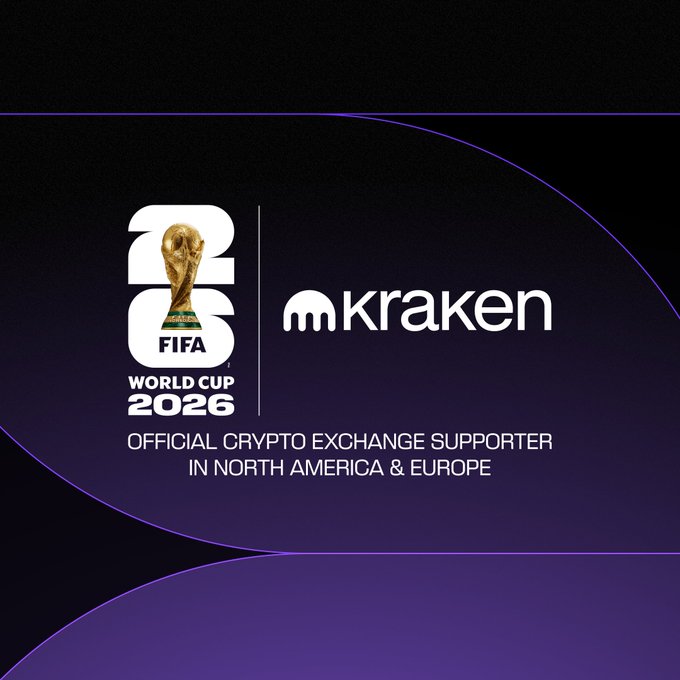 The image shows a promotional graphic for Kraken's sponsorship of the FIFA World Cup 2026, displaying the official FIFA World Cup 2026 logo alongside the Kraken logo with text reading "OFFICIAL CRYPTO EXCHANGE SUPPORTER IN NORTH AMERICA & EUROPE." This relates to the post announcing a giveaway of two tickets to the World Cup Final from Kraken, with the image serving as visual confirmation of Kraken's official partnership with FIFA for the 2026 tournament.