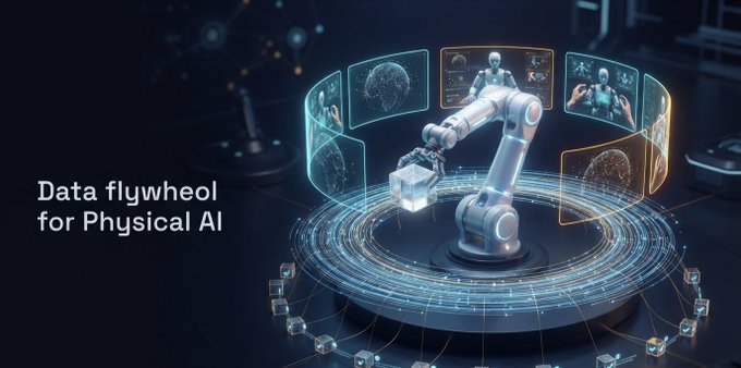 A futuristic digital illustration featuring a robotic hand in the center surrounded by glowing screens and data cubes, with the text 'Data flywheel for Physical AI' on the left.
