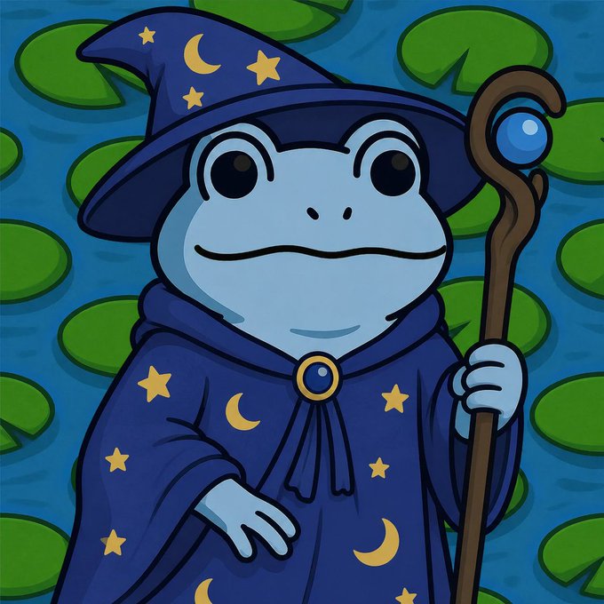 A cartoon blue frog dressed as a wizard, wearing a star-and-moon patterned blue robe and pointed hat while holding a wooden staff with a blue orb, stands before a backdrop of green lily pads on water. The whimsical wizard frog imagery fits the playful "Wizzy Wednesday" theme of the post.