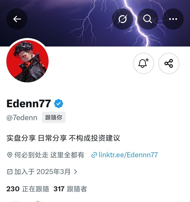 A Twitter/X profile page for verified user 'Edenn77' (@7edenn) with the bio in Chinese stating '实盘分享 日常分享 不构成投资建议', joined March 2025, with 230 following and 317 followers.