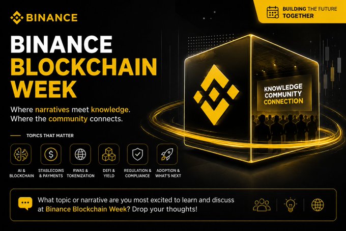 A promotional banner for "Binance Blockchain Week" featuring the Binance logo, the tagline "Where narratives meet knowledge. Where the community connects," and six topic icons (AI & Blockchain, Stablecoins & Payments, RWAs & Tokenization, DeFi & Yield, Regulation & Compliance, and Adoption & What's Next). The accompanying caption aligns with the banner's highlighted topics, expressing excitement to discuss these key crypto narratives with builders, traders, and KOLs at the event.