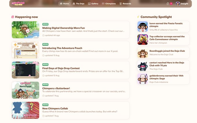 The Chimpers homepage showing 'Happening now' news posts including 'Making Digital Ownership More Fun' and 'Chimpers x Butterbear,' alongside a 'Community Spotlight' sidebar.