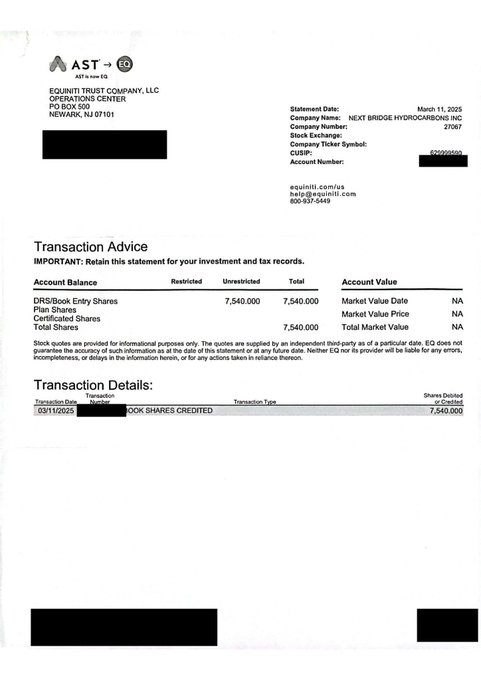A transaction advice document from 'EQUINITI TRUST COMPANY, LLC' for 'NEXT BRIDGE HYDROCARBONS INC' (CUSIP: 65342V109), showing a 'TRANSACTION' on '03/11/2025' for 'BOOK SHARES CREDITED' resulting in a balance of '7,540,000' DRS/Book Entry Shares.