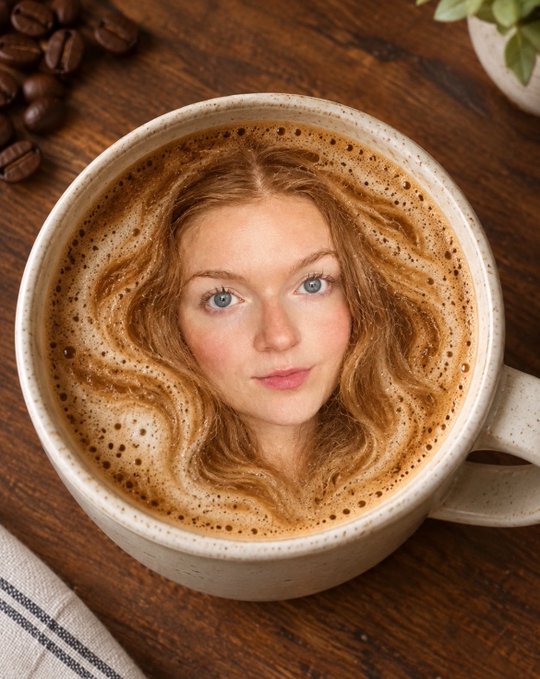 A top-down view of a cappuccino in a ceramic mug featuring latte art in the shape of a young woman's face with wavy blonde hair and blue eyes, surrounded by coffee beans on a wooden surface.