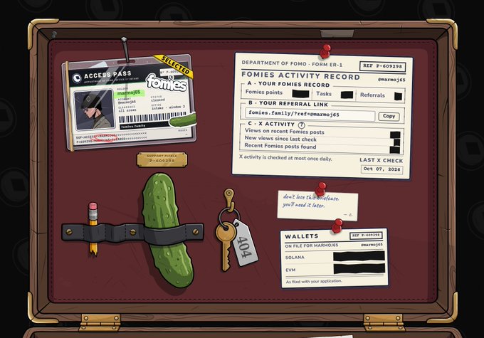A 'Fomies Activity Record' certificate styled like an ID badge attached to a leather case, showing referrals, tasks, X activity, and wallet information, alongside a pickle and a key labeled '404'.