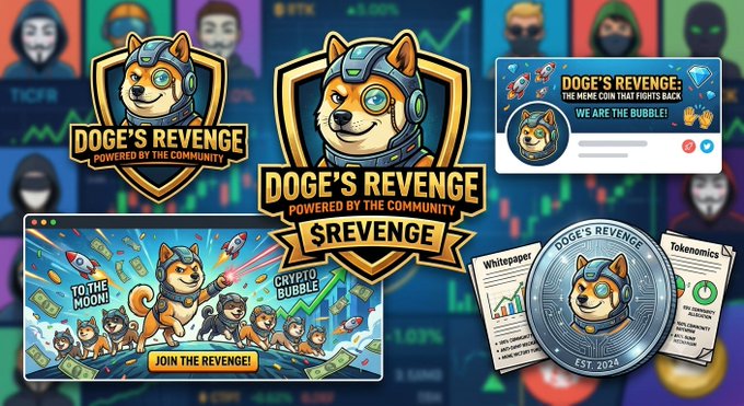 Promotional crypto meme graphics for 'Doge's Revenge: Powered by the Community,' featuring a Shiba Inu astronaut logo, 'To the Moon!' and 'Crypto Bubble' banner art, a whitepaper, and a coin marked 'Est. 2024'.