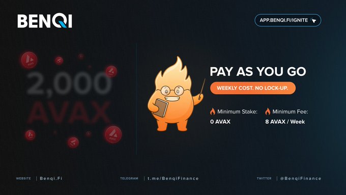 A promotional banner for BENQI featuring a 2,000 AVAX giveaway and 'PAY AS YOU GO' service with a minimum stake of 0 AVAX and a minimum fee of 8 AVAX/Week.