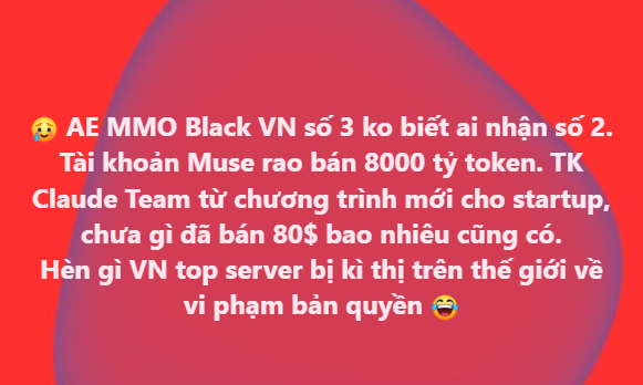 Red background image with Vietnamese text discussing MMO, Black VN rankings, Muse account selling 8000 billion tokens, Claude Team refusing new programs for startups, and international criticism about copyright infringement.