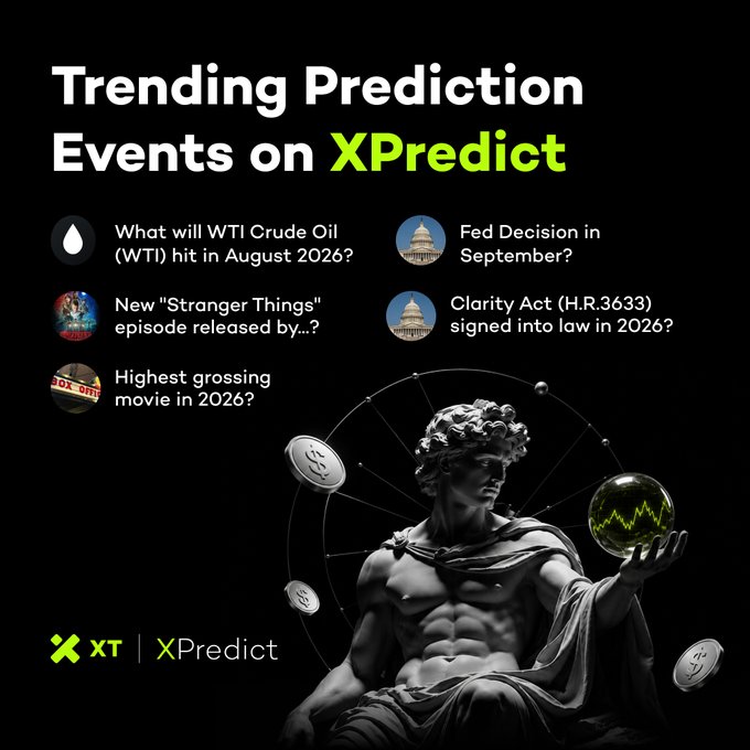 A promotional graphic for 'XPredict' listing trending prediction events including WTI Crude Oil in August 2026, new 'Stranger Things' episode, highest grossing movie in 2026, Fed Decision in September, and the Clarity Act (H.R.3633), with a classical statue holding a crystal ball.