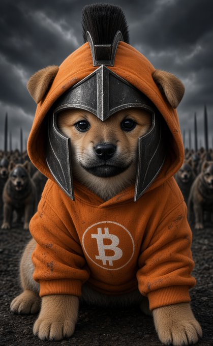 An AI-generated image of a cute Shiba Inu puppy wearing an orange Bitcoin-themed hoodie and a gladiator-style helmet, sitting in front of an army of warrior dogs.
