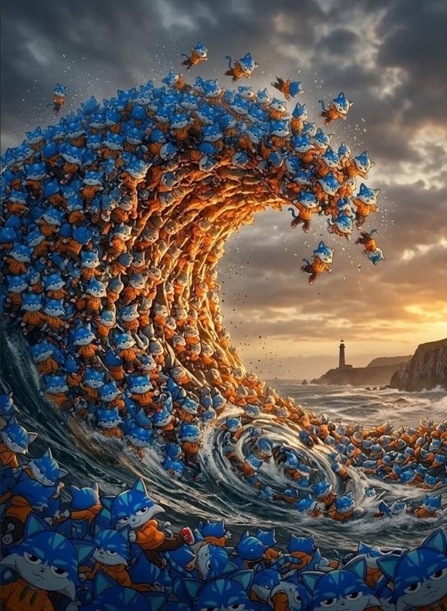 A massive tidal wave composed entirely of stacked Toshi cat figures crashes toward shore at sunset, perfectly visualizing the "$Toshi Tidal Wave" concept as thousands of the blue-and-orange feline characters form the curling crest of the wave, with a lighthouse silhouetted in the distance.