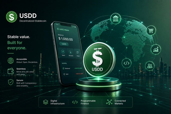 A promotional graphic for USDD, a decentralized stablecoin, featuring a smartphone displaying a wallet interface with a $1,000.00 balance, a 3D coin, and a digital world map, highlighting features like 'Accessible,' 'Seamless,' and 'Secure.'