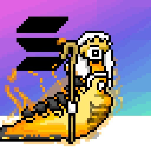Pixel art of a hooded old man with a staff emerging from a fiery orange and black mass against a purple-blue gradient.