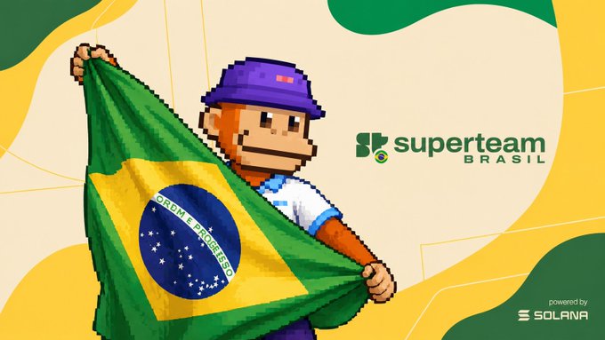 A pixel-art style illustration of a character in a purple cap holding the Brazilian flag with 'ORDEM E PROGRESSO' visible, alongside the 'superteam BRASIL' logo and 'powered by SOLANA' text.