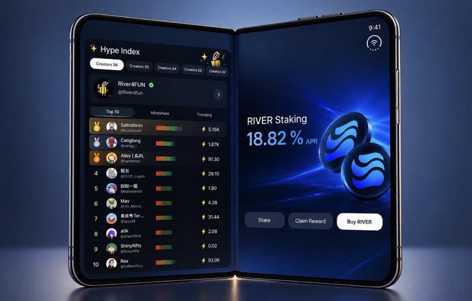 The image shows a foldable smartphone displaying a crypto staking app with a "Hype Index" leaderboard on the left and a "RIVER Staking" screen advertising "18.82% APR" with Stake, Claim Reward, and Buy RIVER options on the right. It visually represents River's streamlined cross-chain staking solution, aligning with the post's message about eliminating the complexity of bridging or wrapping assets between blockchains.