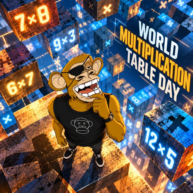 A vibrant promotional graphic for 'World Multiplication Day' featuring a Bored Ape-style cartoon monkey character with an eye patch wearing a black shirt, surrounded by floating cubes displaying multiplication problems like '7×8', '9×3', '6×7', '8×4', and '12×5'.
