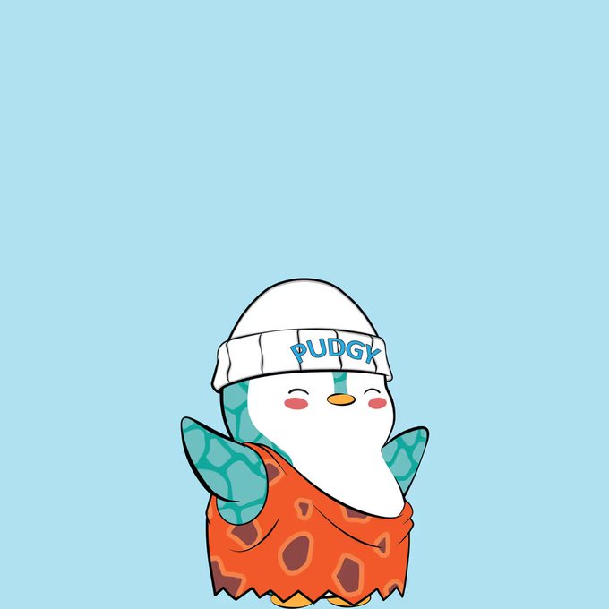 A cartoon illustration of a small bird or penguin character with teal markings wearing a white beanie labeled 'PUDGY' and an orange tattered garment, set against a light blue background.
