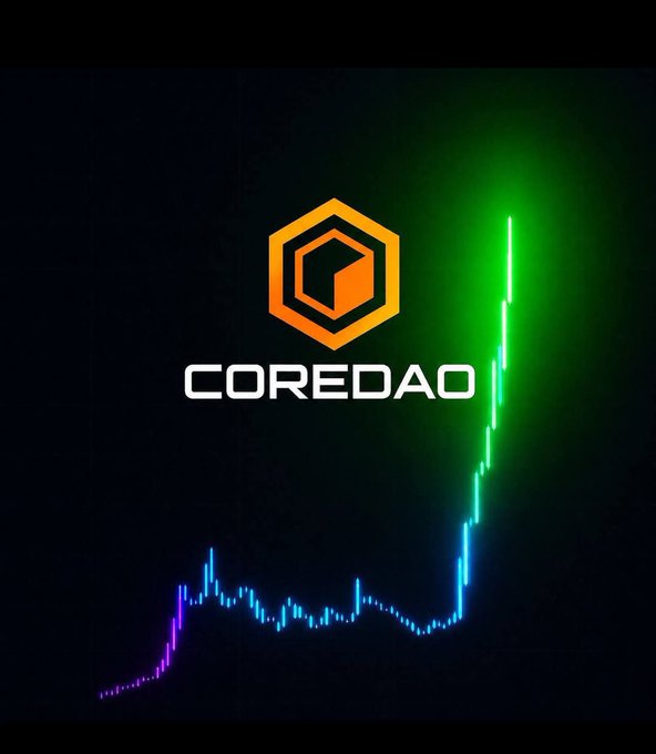 A graphic displaying the orange hexagonal COREDAO logo alongside a colorful line chart showing a sharp upward price movement.