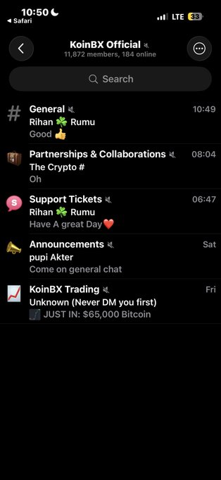 A mobile screenshot shows the 'KoinBX Official' Telegram channel with 11,872 members, displaying recent posts in categories like General, Partnerships, and Announcements.