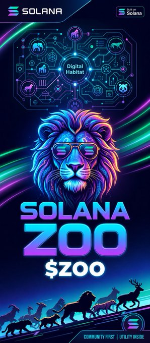 A promotional graphic for 'SOLANA ZOO' ($ZOO) token featuring a lion wearing sunglasses against a neon background with Solana logos and silhouettes of running animals.