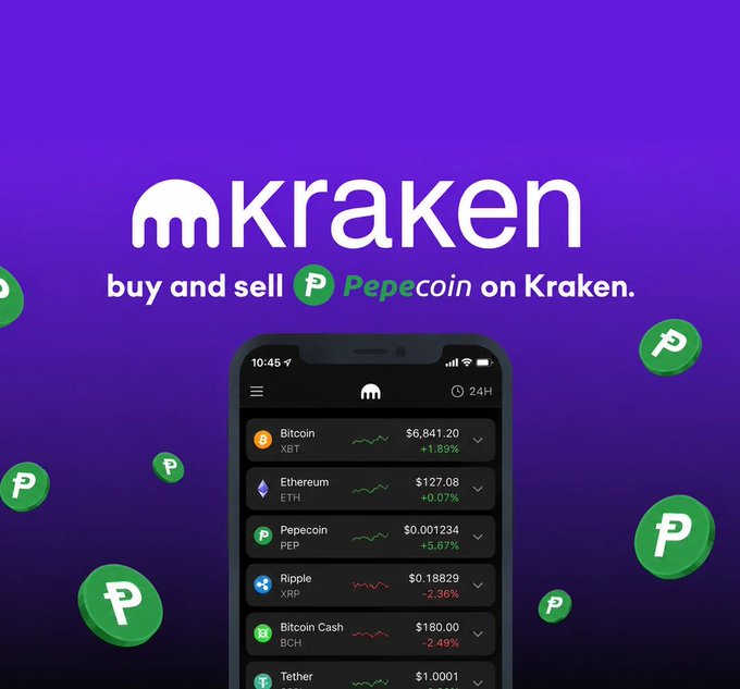 A promotional graphic for Kraken cryptocurrency exchange, showing the Kraken logo and text 'buy and sell Pepecoin on Kraken' alongside a mobile phone displaying crypto prices including Bitcoin ($6,841.20), Ethereum ($127.08), and Peecoin ($0.001234).