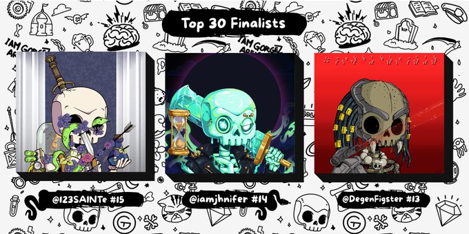 Promotional graphic titled 'Top 30 Finalists' showcasing three skull-themed digital art pieces by artists @iz3sAiNTe (#15), @iamjhnifer (#14), and @DegenFigster (#13).