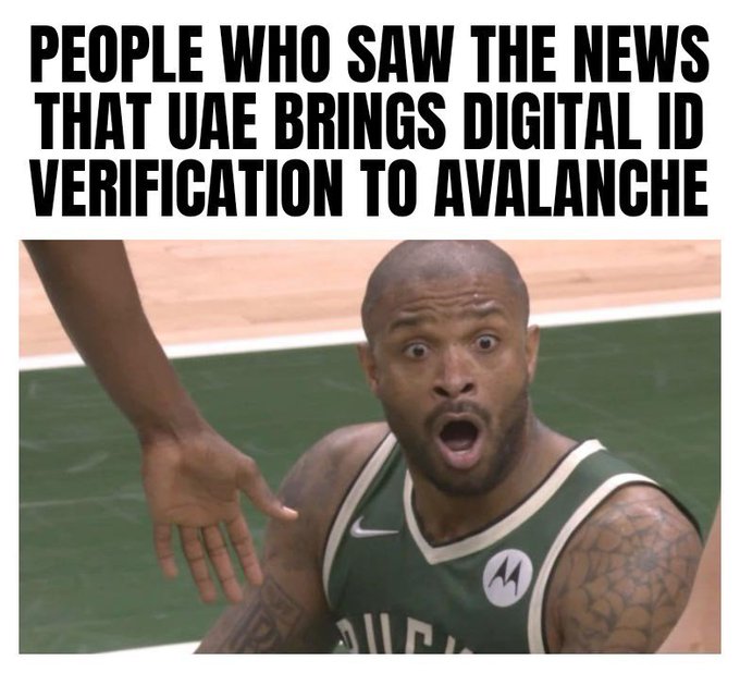 A meme showing a shocked basketball player (Damian Lillard in a Milwaukee Bucks jersey) reacting to the news: 'PEOPLE WHO SAW THE NEWS THAT UAE BRINGS DIGITAL ID VERIFICATION TO AVALANCHE'.