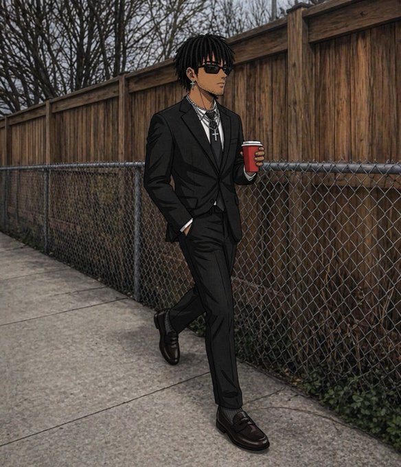 An anime-style illustration of a dark-skinned man wearing a black suit, sunglasses, and a cross necklace, walking along a sidewalk next to a wooden fence while holding a red coffee cup.