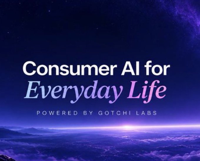 A cosmic-themed graphic displays the text "Consumer AI for Everyday Life" with "POWERED BY GOTCHI LABS" below, set against a starry night sky with a glowing horizon. The image visually reinforces the post's message about Gotchi Labs' ambitious vision to expand beyond sleep tracking into a broader Consumer AI model that transforms everyday behaviors into AI-driven context.