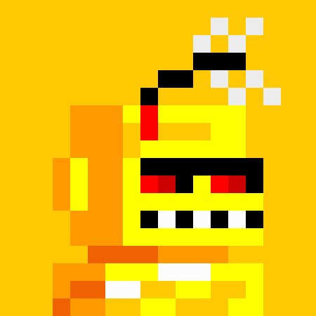 A pixelated yellow character with a menacing grin and white steam coming out of its head appears against a yellow background.