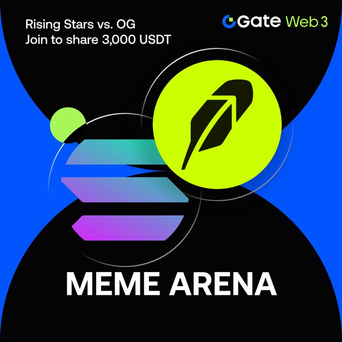 Gate.io Web3's "MEME ARENA" promotional graphic features a yellow feather/leaf icon and a gradient stack icon, advertising the "Rising Stars vs. OG" competition with a 3,000 USDT prize pool across four blockchain ecosystems including Solana.