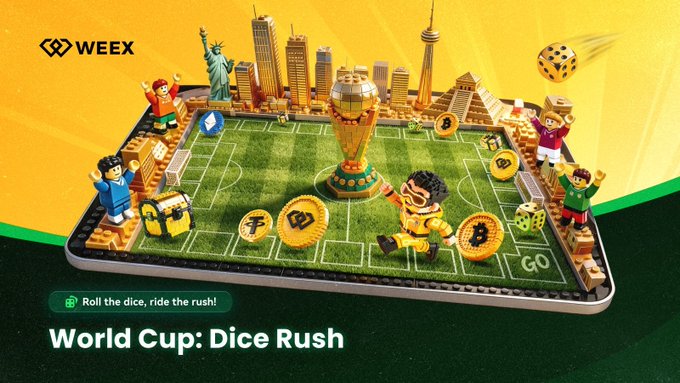 The image features a large Lego cityscape with various buildings, including a prominent World Cup logo. The city is surrounded by a soccer field filled with miniature figures of players and other objects such as cars and buildings. In the foreground, there are two dice on the ground, suggesting that this scene could be part of a game or activity involving the use of the dice.