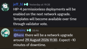 A Discord conversation between users "jeff.hl" and "iliensinc" announcing that HIP-4 permissionless deployments on Hyperliquid will be enabled in an upcoming network upgrade around 29 August 2026, with templates to be added over time through validator vote. The image supports the post's announcement of HIP-4 permissionless deployments going live on Hyperliquid's mainnet.