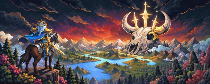 A fantasy artwork depicts a knight in blue and gold armor on horseback overlooking a vibrant landscape with a glowing sword embedded in a giant horned skull, with 'Painted by CJ x edmcs' and 'Dragonsteel' in the corner.