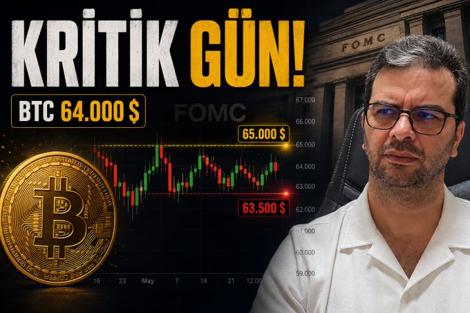 A man with glasses appears beside a Bitcoin-themed thumbnail titled "KRİTİK GÜN!" showing BTC at $64,000 with key price levels at $65,000 and $63,500 marked on a candlestick chart, with the Federal Reserve's FOMC building visible in the background—directly tying to the post's warning about upcoming FOMC minutes and their potential impact on Bitcoin's direction.