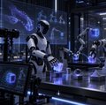 A humanoid robot sits on a swing-like chair in a dimly lit, futuristic room with blue ambient lighting and digital displays in the background.