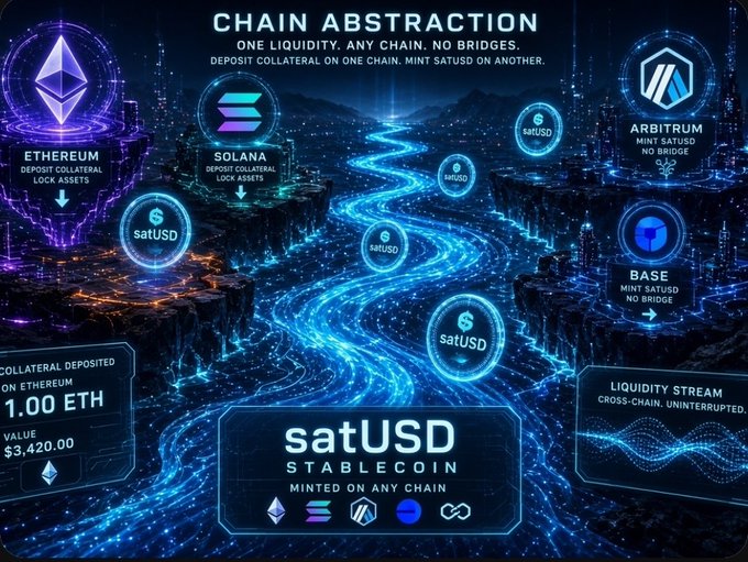A futuristic digital promotional graphic titled 'CHAIN ABSTRACTION' for 'satUSD' stablecoin, showing cross-chain liquidity streams connecting Ethereum, Solana, Arbitrum, and Base networks.