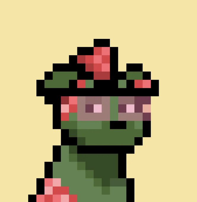 A pixel art illustration of a green dog wearing a black hat with red flowers, set against a pale yellow background. The image serves as a Doginal Dog mascot, symbolizing resilience and pride in the crypto/NFT space, where "Doginals" refers to inscriptions on Dogecoin.