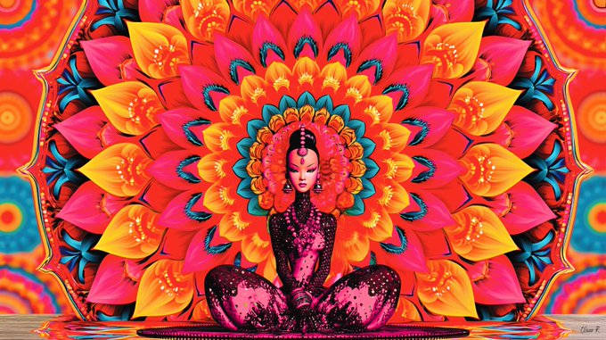 A vibrant, symmetrical psychedelic artwork features a stylized figure seated in a meditative pose surrounded by an elaborate floral mandala of red, orange, yellow, and blue petals.