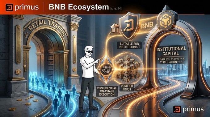 Promotional graphic titled 'primus | BNB Ecosystem' depicting an illustrated character navigating between gates labeled 'RETAIL TRAFFIC' and 'INSTITUTIONAL CAPITAL', highlighting features like 'Primus zkTLS CORE', 'CONFIDENTIAL ON-CHAIN EXECUTION', and 'SUITABLE FOR INSTITUTIONS'.